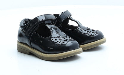 F&F Girls Black Patent Leather Strappy Flat UK 4 EUR 20