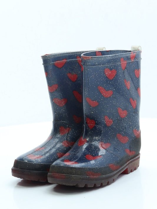 Preworn Girls Blue Geometric Rubber Wellies Boot UK 10 - Hearts