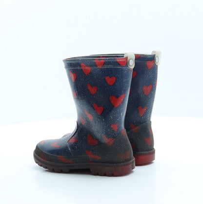 Preworn Girls Blue Geometric Rubber Wellies Boot UK 10 - Hearts