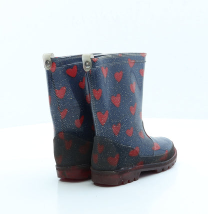 Preworn Girls Blue Geometric Rubber Wellies Boot UK 10 - Hearts
