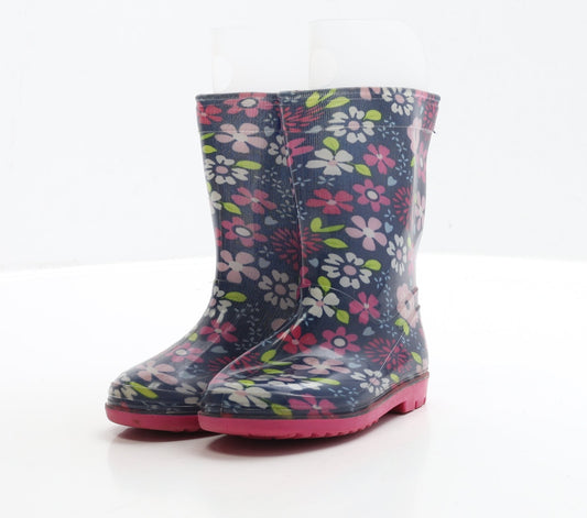 Preworn Girls Blue Floral Rubber Wellies Boot UK 6