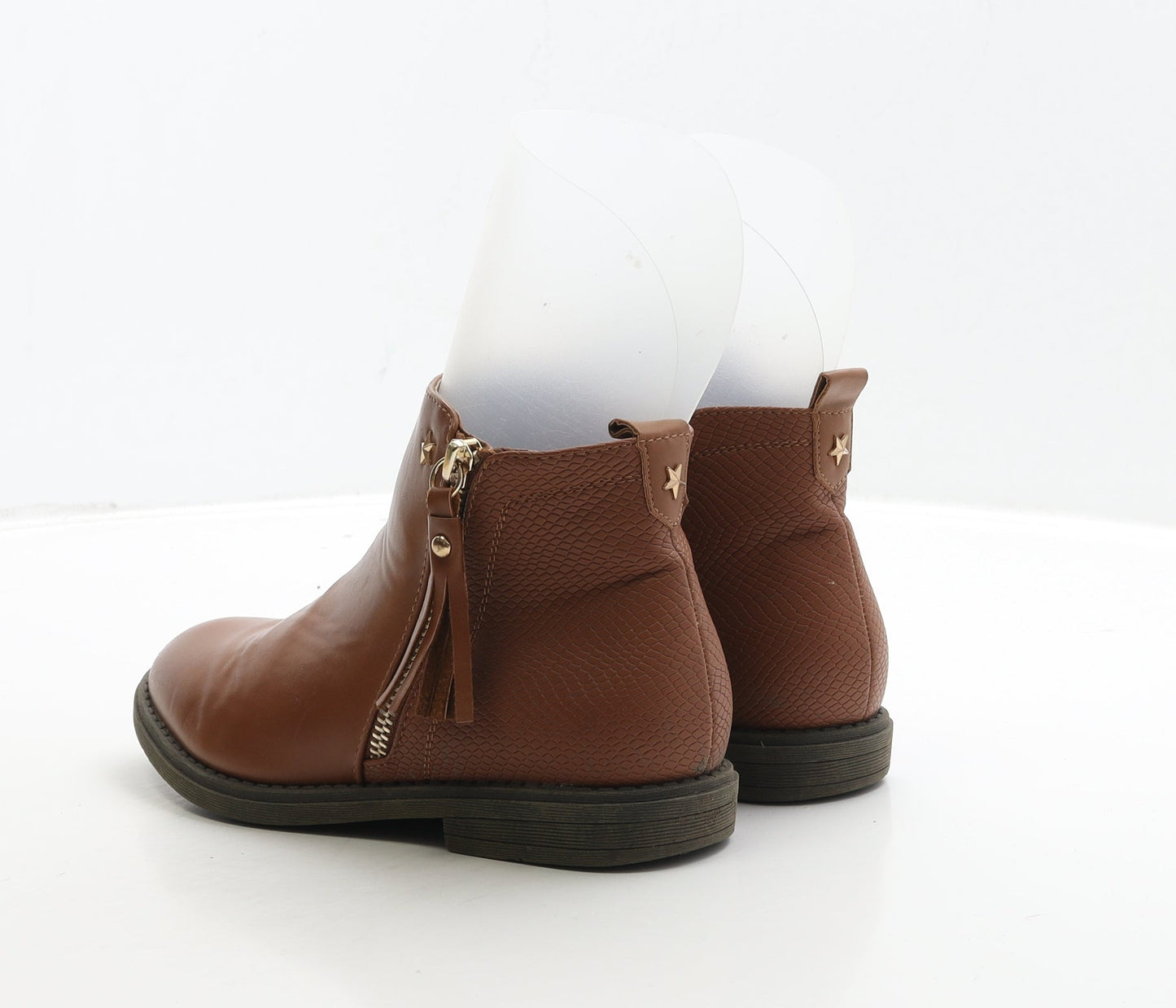 Primark Womens Brown Leather Biker Boot UK 3 36 - Star Detail