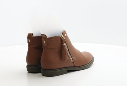 Primark Womens Brown Leather Biker Boot UK 3 36 - Star Detail