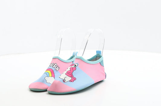 Preworn Girls Multicoloured Polyester Slip On Flat UK 12 30 - Unicorn & Rainbow Detail. Aqua Shoes