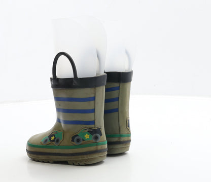 Preworn Boys Green Striped Rubber Wellies Boot UK 5 - Racing Car Detail