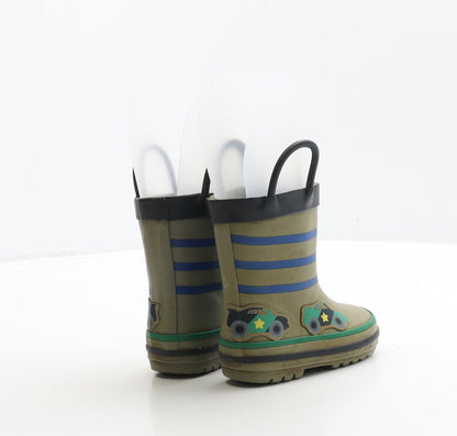Preworn Boys Green Striped Rubber Wellies Boot UK 5 - Racing Car Detail