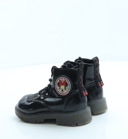 Primark Girls Black Leather Combat Boot UK 6 20 - Minnie Mouse