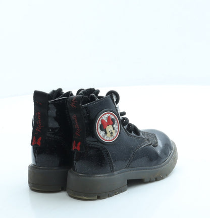 Primark Girls Black Leather Combat Boot UK 6 20 - Minnie Mouse