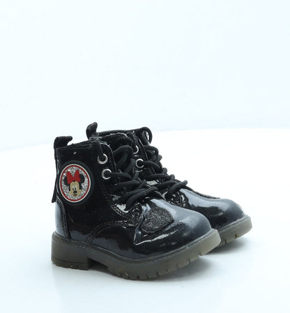 Primark Girls Black Leather Combat Boot UK 6 20 - Minnie Mouse