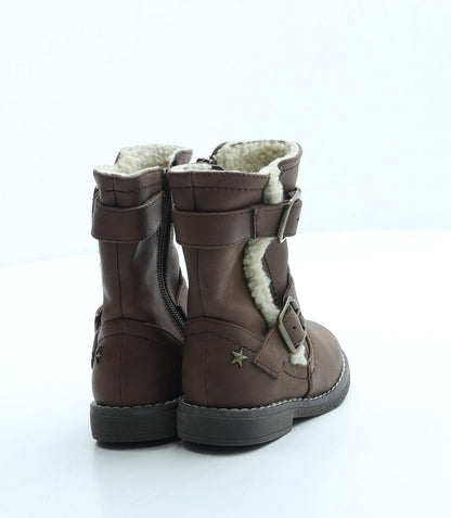 F&F Girls Brown Leather Biker Boot UK 5