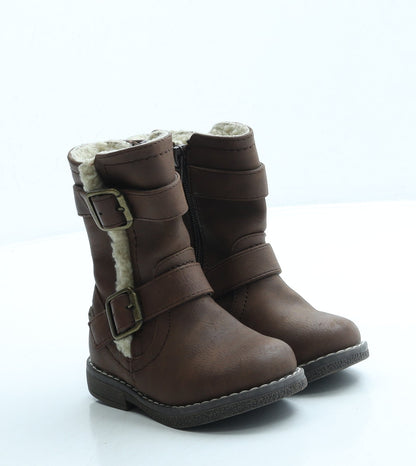 F&F Girls Brown Leather Biker Boot UK 5