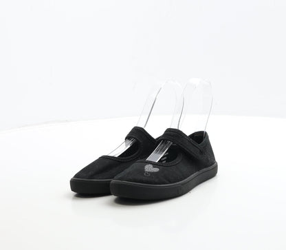 George Girls Black Fabric Mary Jane Flat UK 10 28 - Heart Detail