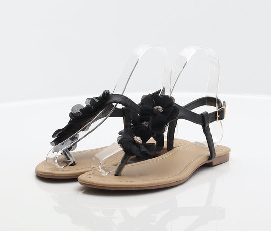 Primark Womens Black Synthetic Thong Sandal UK 2 35 - Flower detail