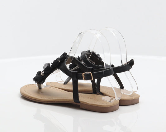 Primark Womens Black Synthetic Thong Sandal UK 2 35 - Flower detail