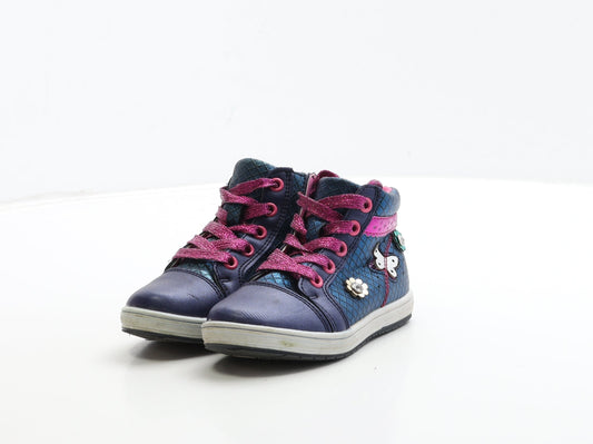 Preworn Girls Blue Geometric Leather Trainer UK 6 24 - Butterfly & Flower Detail