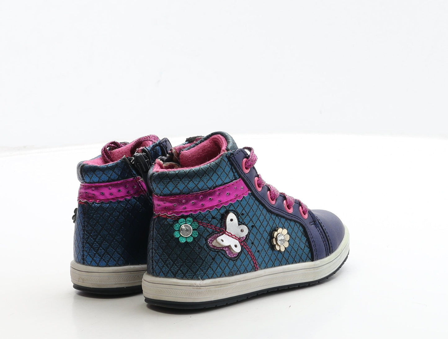 Preworn Girls Blue Geometric Leather Trainer UK 6 24 - Butterfly & Flower Detail