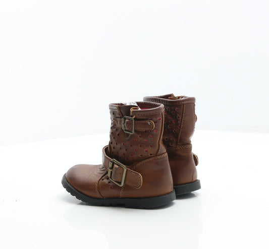 Preworn Girls Brown Geometric Leather Biker Boot UK 7 24