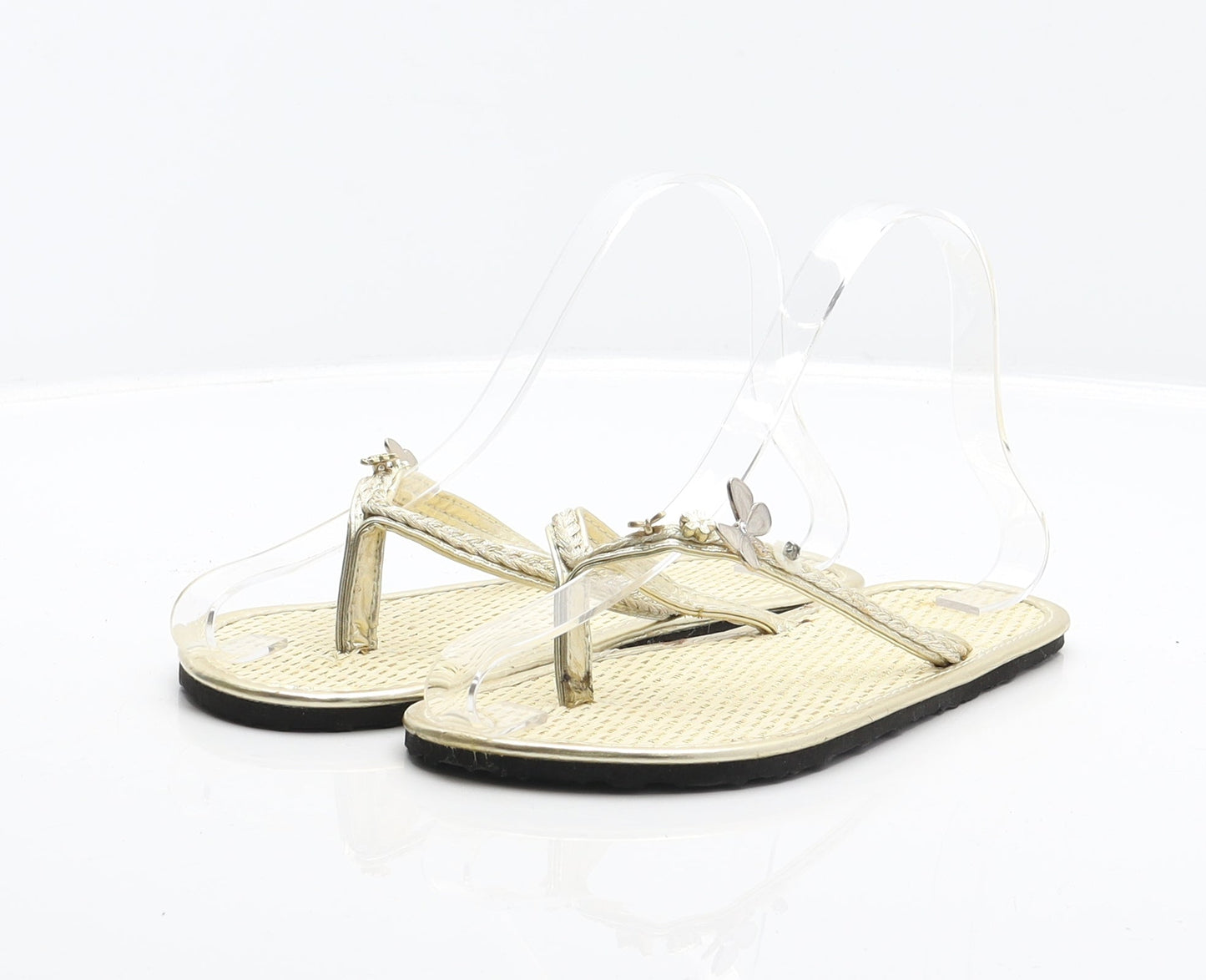 Preworn Girls Gold Synthetic Thong Sandal UK 2 33 - Butterfly detail, Flower detail