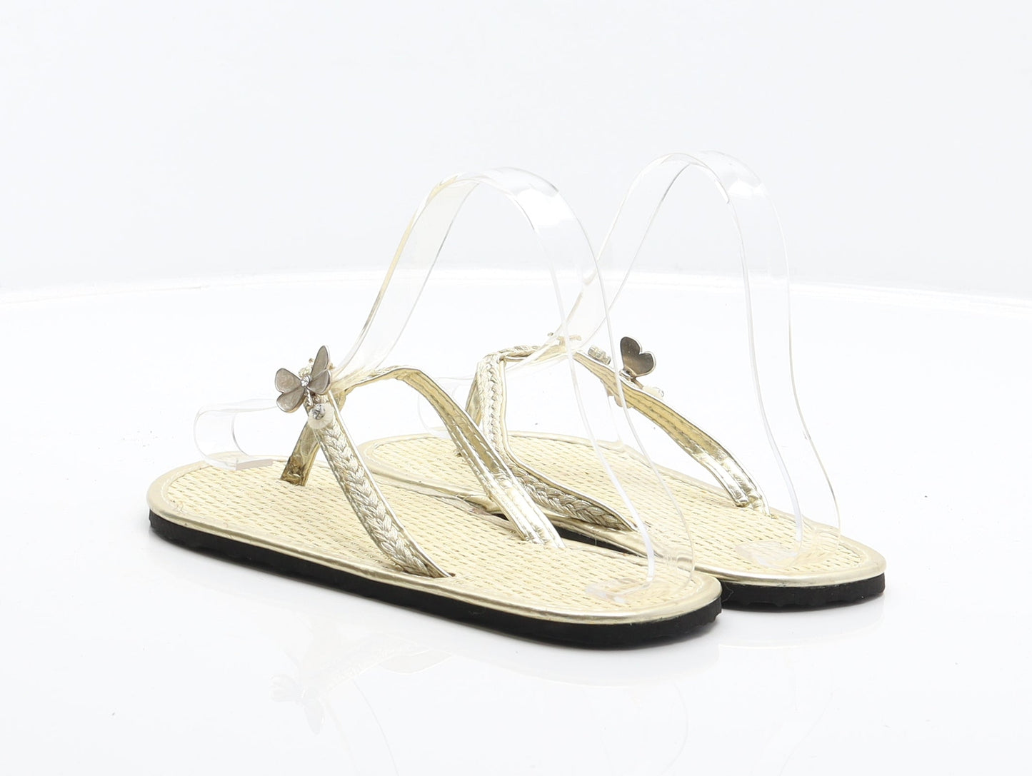 Preworn Girls Gold Synthetic Thong Sandal UK 2 33 - Butterfly detail, Flower detail