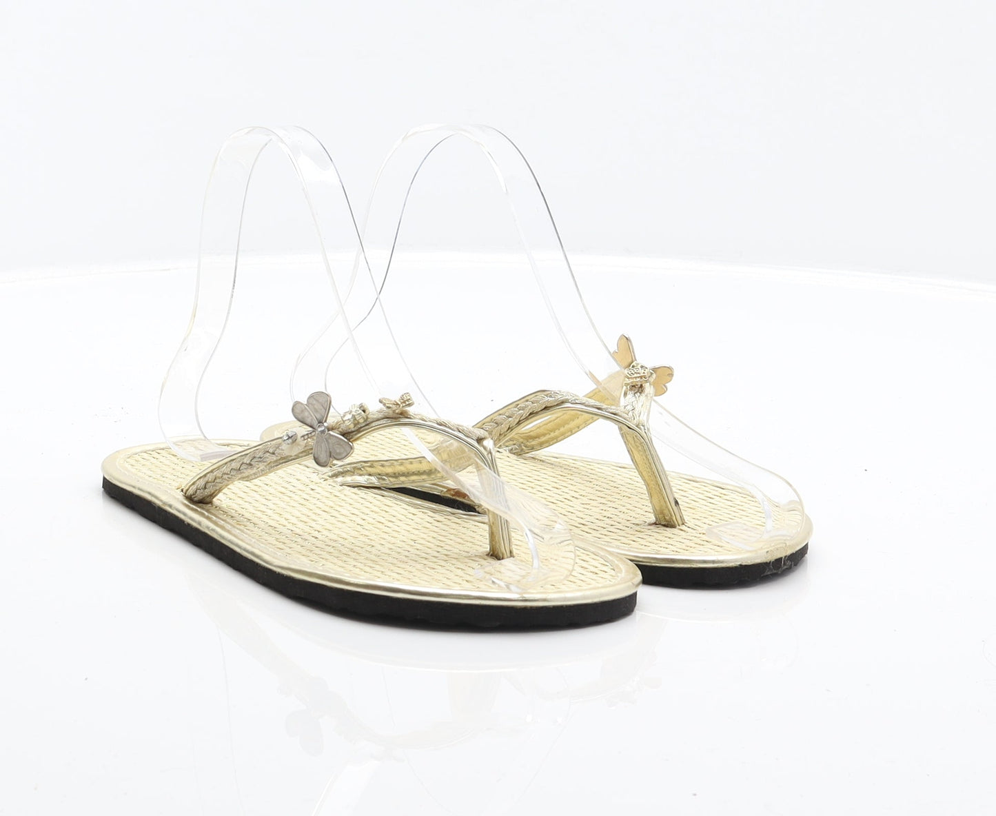 Preworn Girls Gold Synthetic Thong Sandal UK 2 33 - Butterfly detail, Flower detail