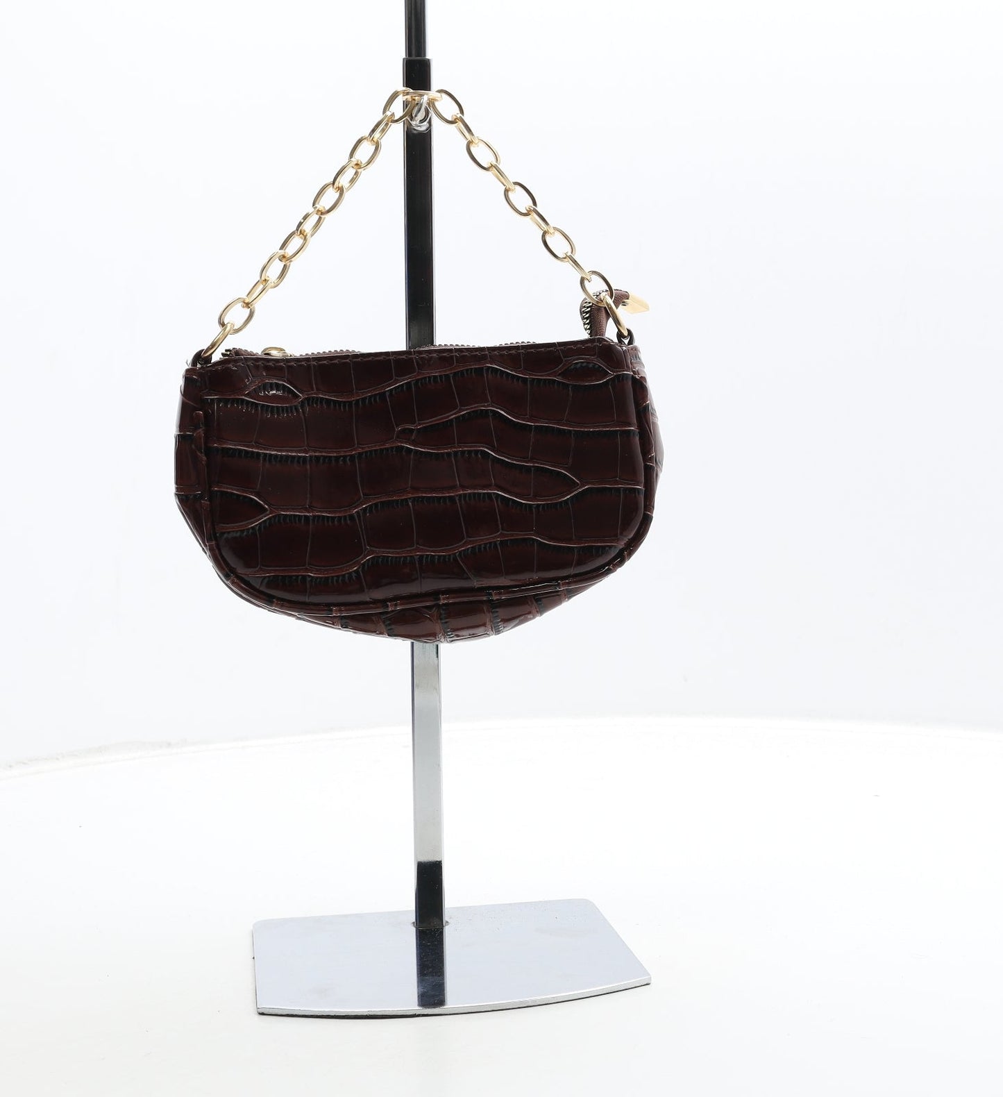 Preworn Womens Brown Polyurethane Top Handle Bag Size Small - Croc Texture