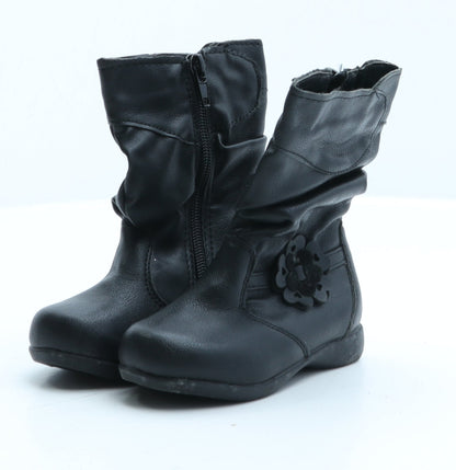 Preworn Girls Black Synthetic Bootie Boot UK 5 - Flower Detail