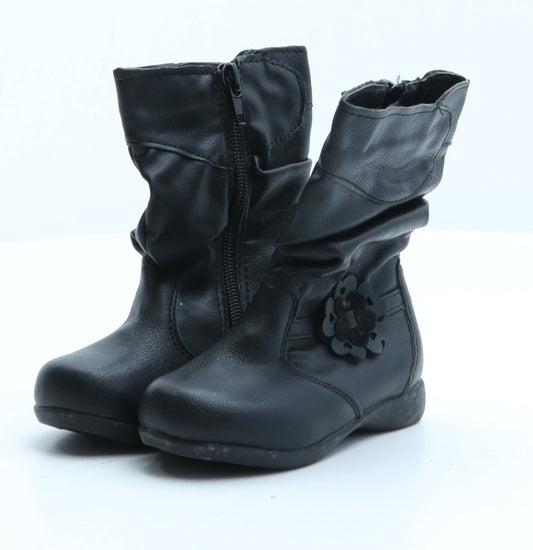 Preworn Girls Black Synthetic Bootie Boot UK 5 - Flower Detail