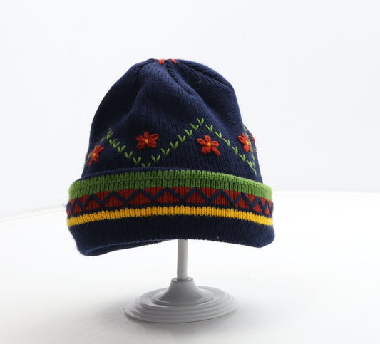 Preworn Girls Blue Floral Acrylic Beanie Size S