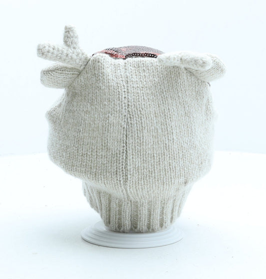 Preworn Girls Beige Acrylic Beanie One Size - Reindeer