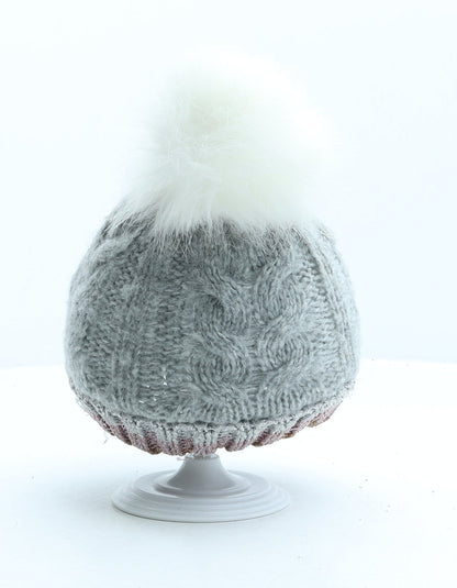 Primark Girls Grey Striped Acrylic Bobble Hat Size S