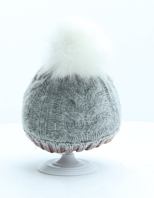 Primark Girls Grey Striped Acrylic Bobble Hat Size S