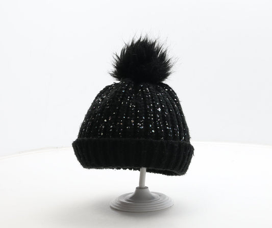 F&F Girls Black Acrylic Bobble Hat Size S