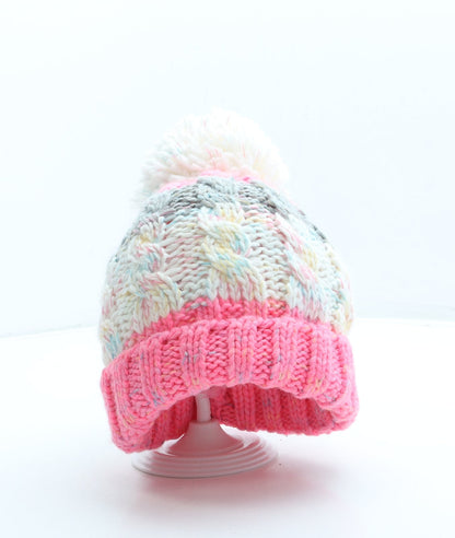 F&F Girls Pink Striped Acrylic Bobble Hat One Size