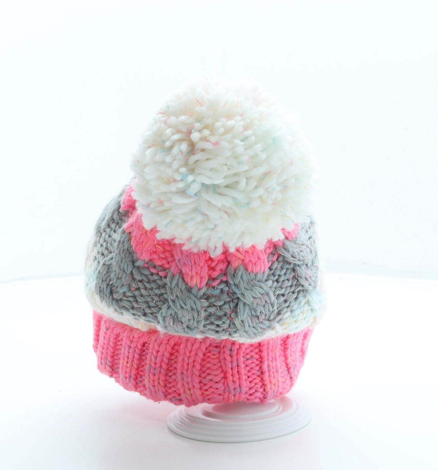 F&F Girls Pink Striped Acrylic Bobble Hat One Size
