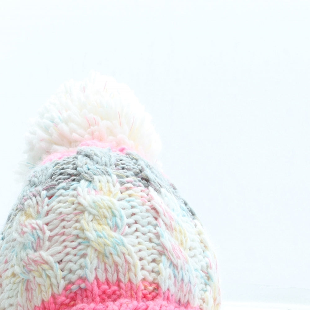F&F Girls Pink Striped Acrylic Bobble Hat One Size