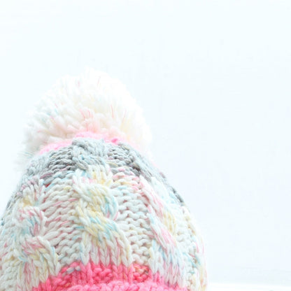 F&F Girls Pink Striped Acrylic Bobble Hat One Size