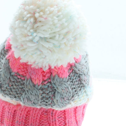 F&F Girls Pink Striped Acrylic Bobble Hat One Size