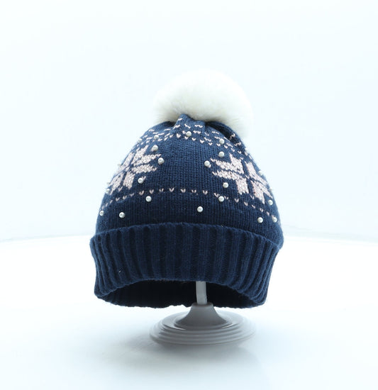 Primark Girls Blue Fair Isle Acrylic Bobble Hat Size M - Pom Pom