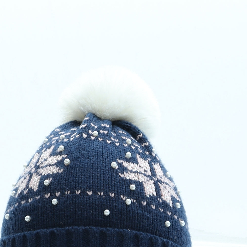 Primark Girls Blue Fair Isle Acrylic Bobble Hat Size M - Pom Pom