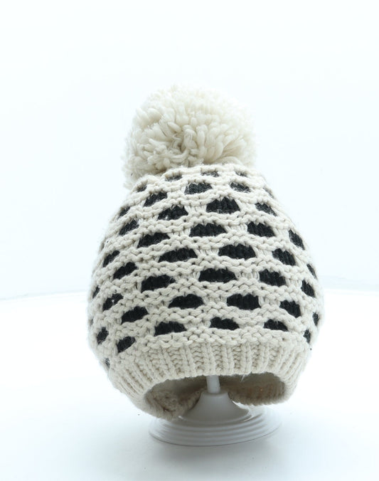 F&F Girls Beige Geometric Acrylic Bobble Hat One Size - Pom Pom
