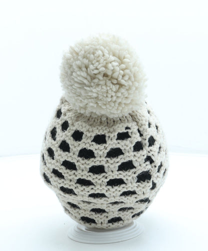 F&F Girls Beige Geometric Acrylic Bobble Hat One Size - Pom Pom