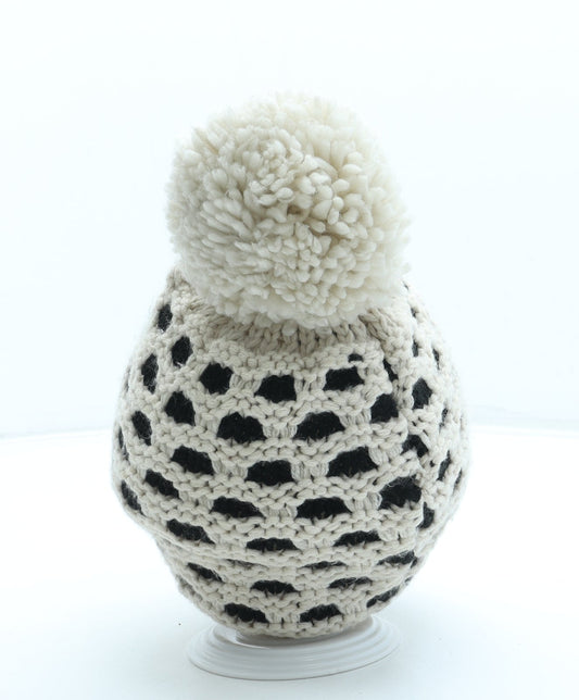 F&F Girls Beige Geometric Acrylic Bobble Hat One Size - Pom Pom