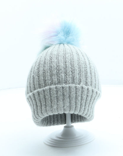 F&F Girls Grey Acrylic Bobble Hat One Size - Pom Pom
