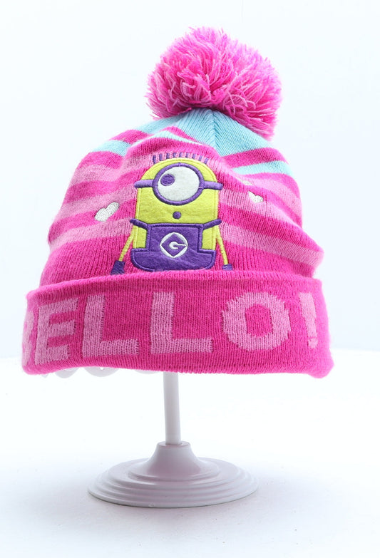 George Girls Pink Striped Acrylic Bobble Hat One Size - Minions