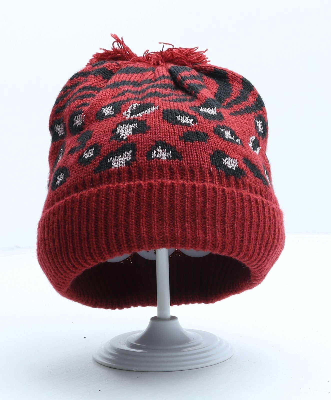 George Girls Red Animal Print Acrylic Bobble Hat One Size - Leopard print