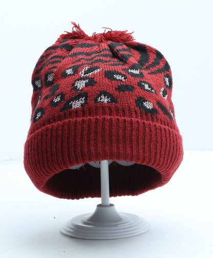 George Girls Red Animal Print Acrylic Bobble Hat One Size - Leopard print