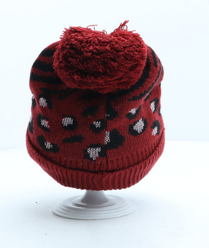 George Girls Red Animal Print Acrylic Bobble Hat One Size - Leopard print