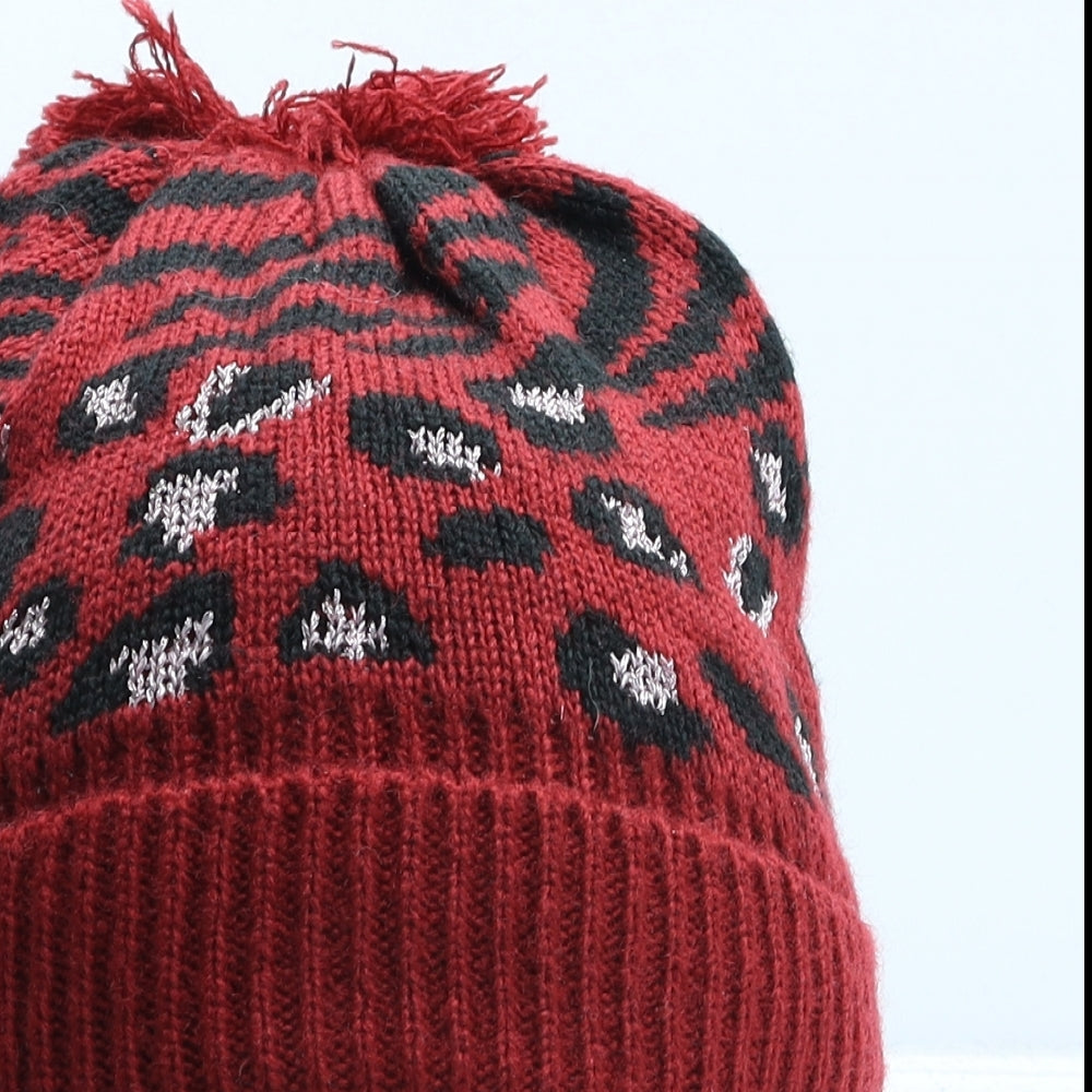 George Girls Red Animal Print Acrylic Bobble Hat One Size - Leopard print