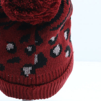 George Girls Red Animal Print Acrylic Bobble Hat One Size - Leopard print