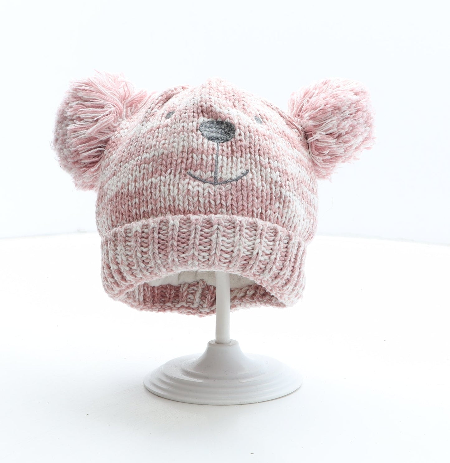 F&F Girls Pink Acrylic Bobble Hat One Size - Teddy Bear